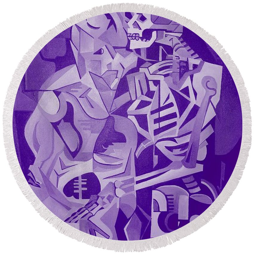 Cubism Round Beach Towel featuring the digital art Halloween Skeleton Welcoming The Undead by Taiche Acrylic Art