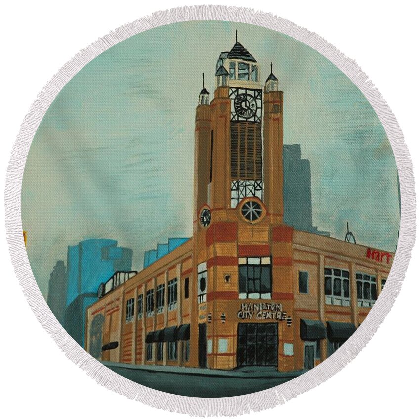 Hamilton Round Beach Towel featuring the painting Hamilton City centre by David Bigelow