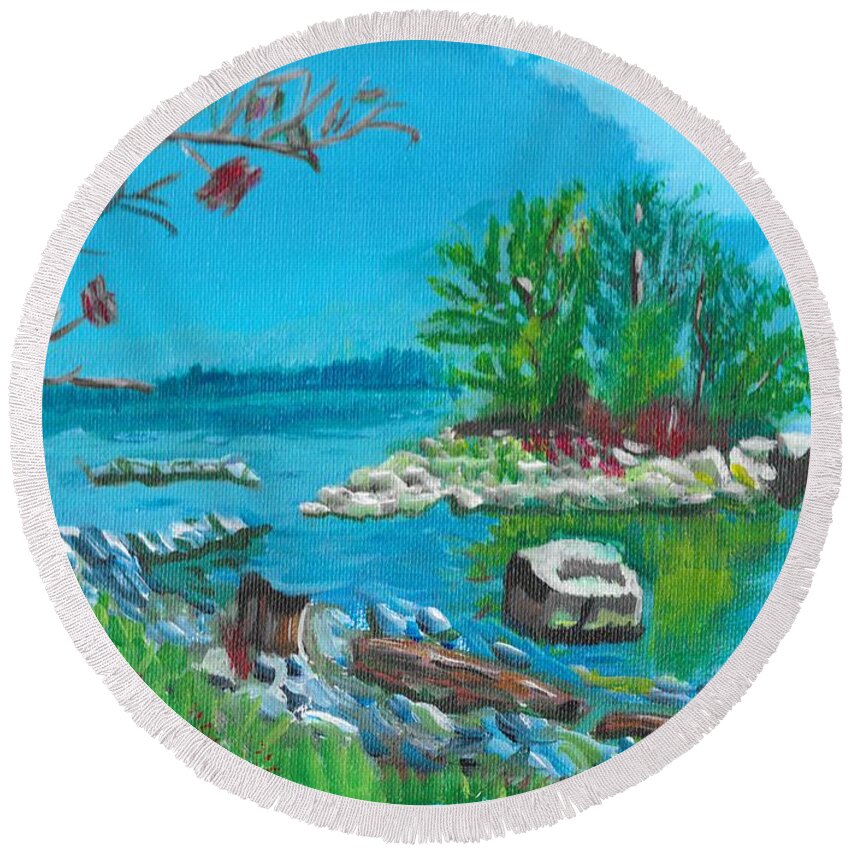 Landscape Round Beach Towel featuring the painting Hamilton inner bay by David Bigelow