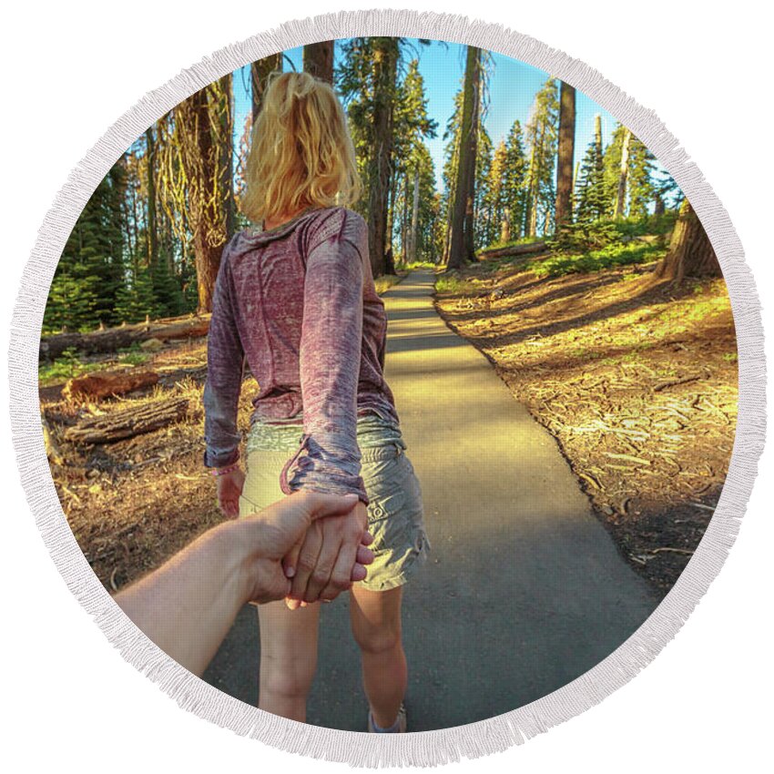 Hand In Hand Round Beach Towel featuring the photograph Hand in hand Sequoia Hiking by Benny Marty