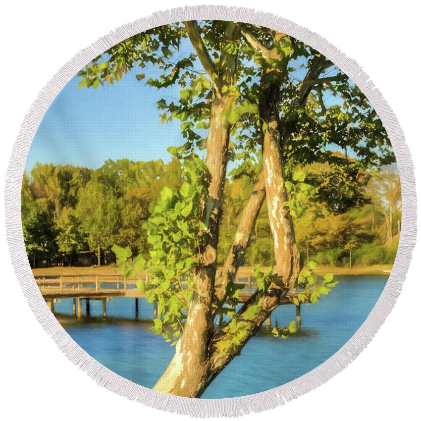 Tree Round Beach Towel featuring the photograph Hanging On - Lakeside Landscape by Barry Jones