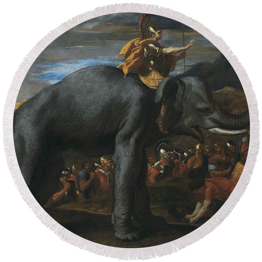 French Painters Round Beach Towel featuring the painting Hannibal Crossing the Alps on Elephants by Nicolas Poussin