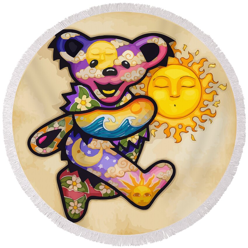 Grateful Dead Round Beach Towel featuring the digital art Happy Bear and Sun by The Bear
