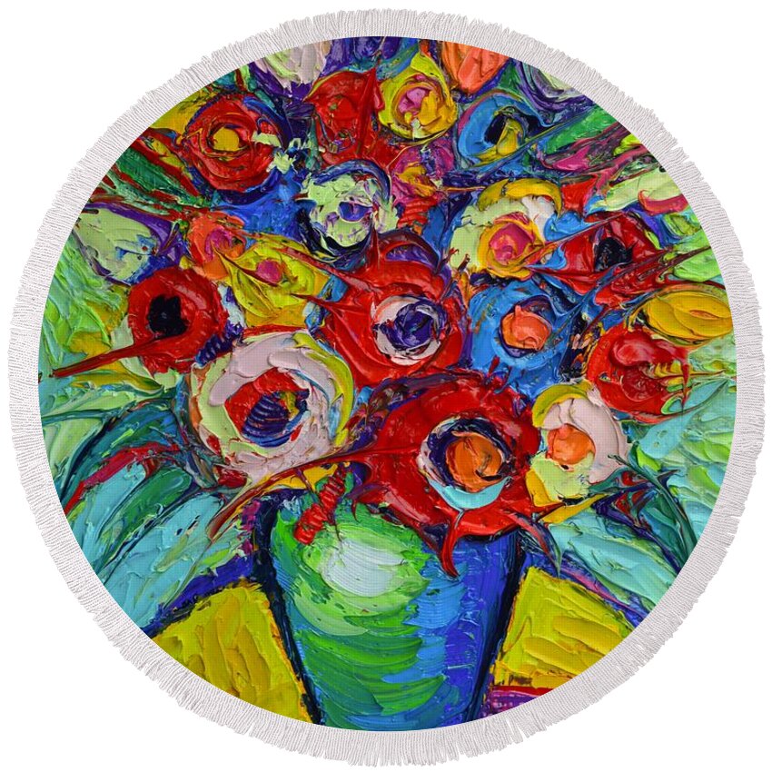 Abstract Round Beach Towel featuring the painting Happy Bouquet Of Poppies And Colorful Wildflowers On Round Yellow Table Impasto Abstract Flowers by Ana Maria Edulescu