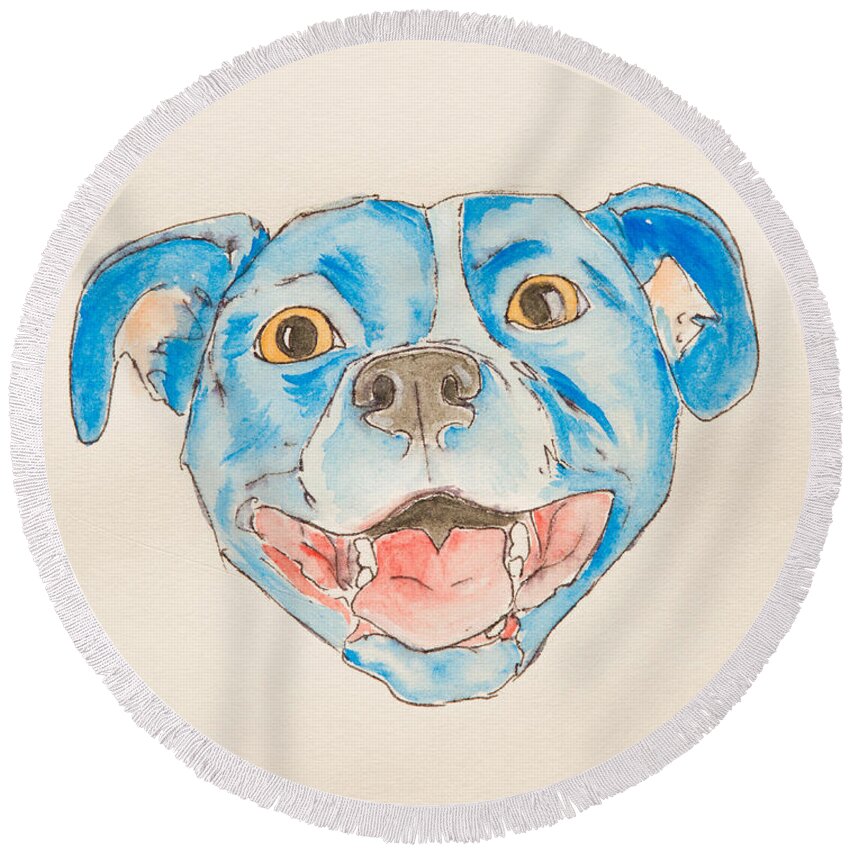Dog Round Beach Towel featuring the painting Happy dog blue by Stefanie Forck