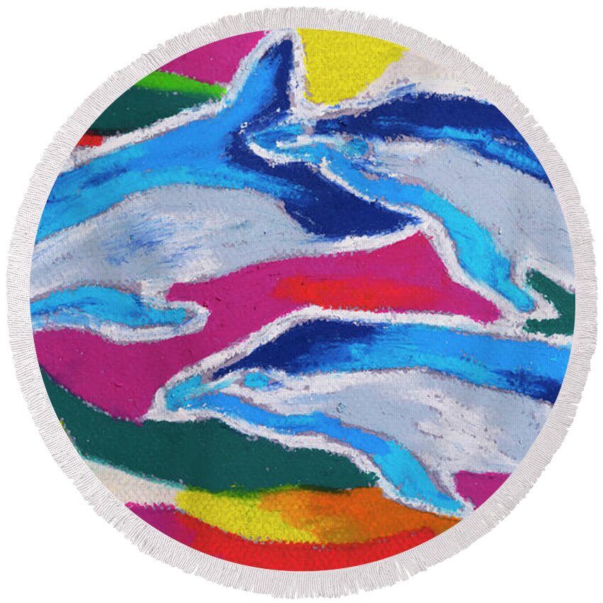 Dolphin Round Beach Towel featuring the painting Happy Dolphin Dance by Stephen Anderson