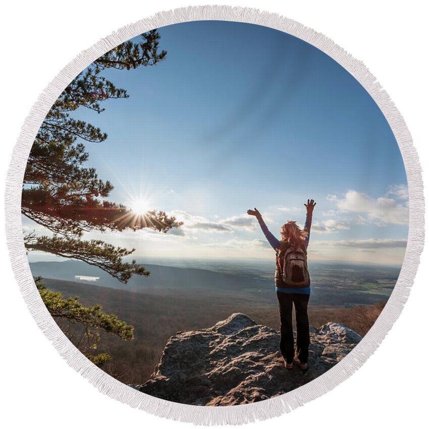 Female Round Beach Towel featuring the photograph Happy female hiker at the summit of an Appalachian mountain by Patrick Wolf