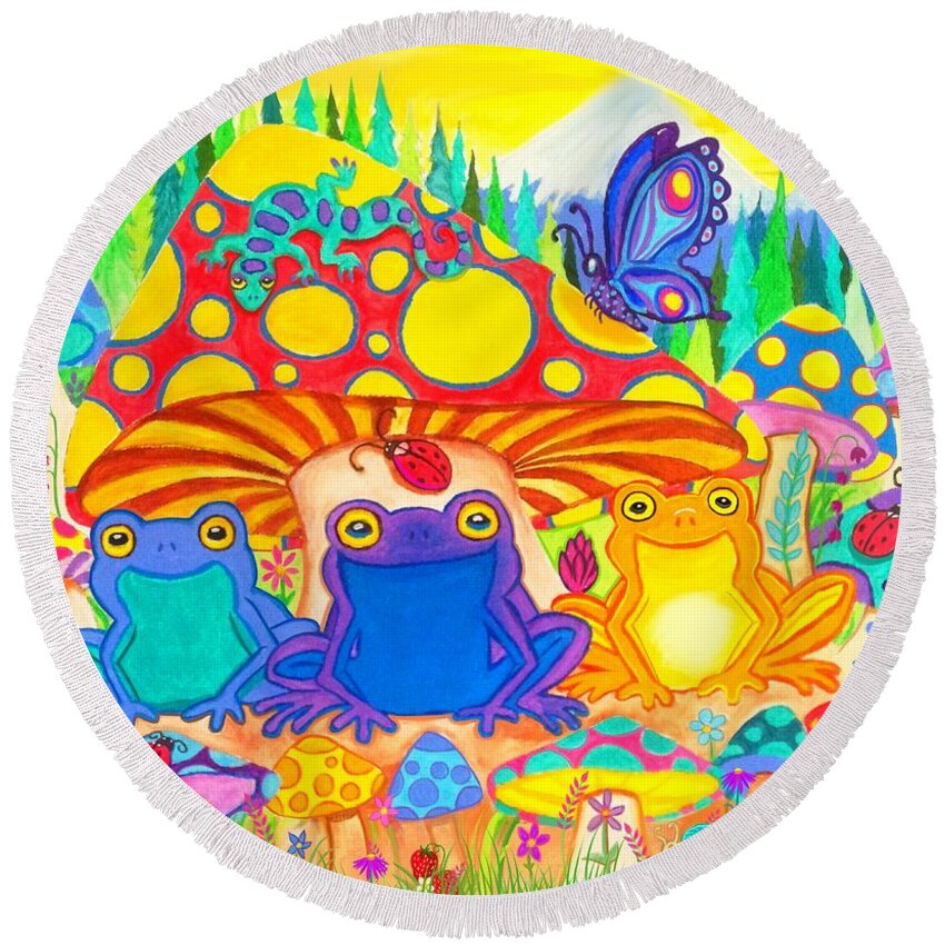 Frogs Round Beach Towel featuring the digital art Happy Frogs in the Forest by Nick Gustafson