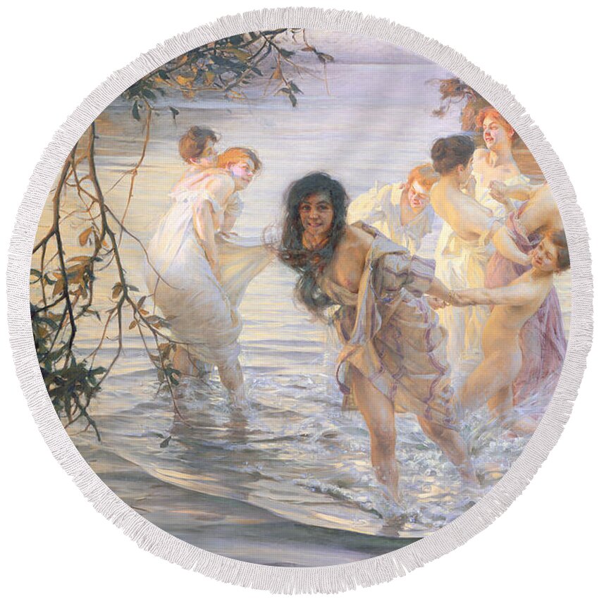 Happy Games Round Beach Towel featuring the painting Happy Games by Paul Chabas