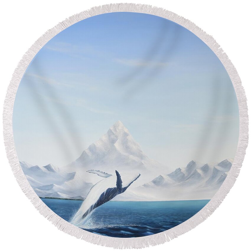 Ocean Whale Sea Marine Mountains Sky Waves Blue Snow Humpback Oil Dolphin Orca Animals Landscape Inspirational Round Beach Towel featuring the painting Happy Humpback by Torrence Ramsundar