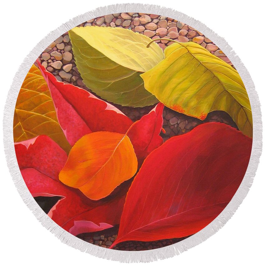 Autumn Leaves Round Beach Towel featuring the painting Happy Landings by Hunter Jay