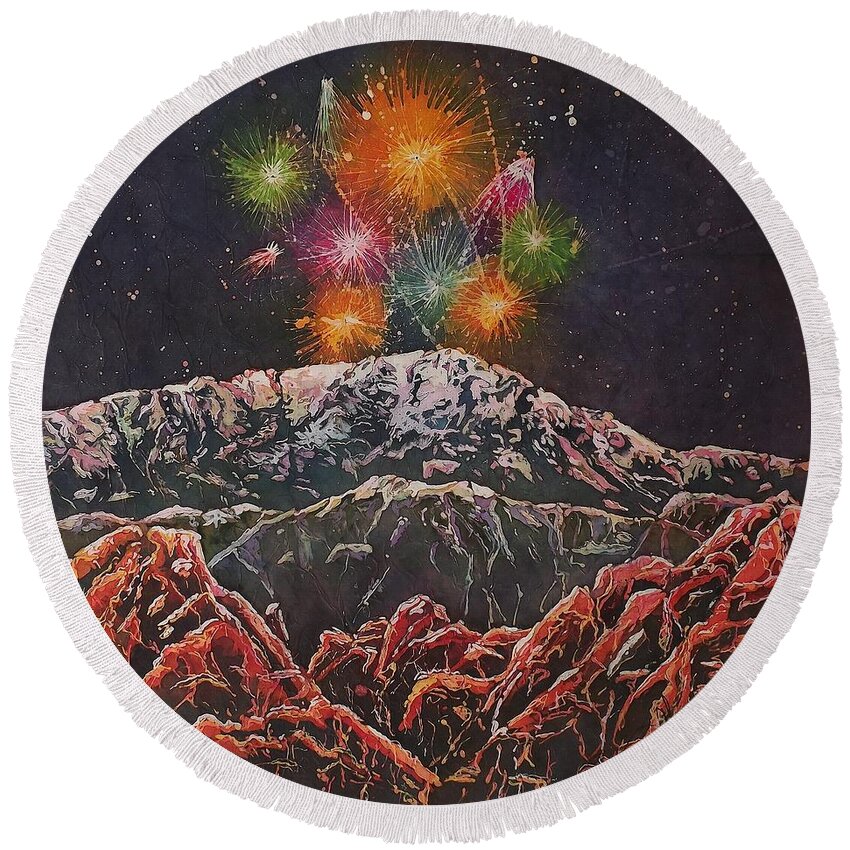 Fireworks Round Beach Towel featuring the mixed media Happy New Year From America's Mountain by Carol Losinski Naylor
