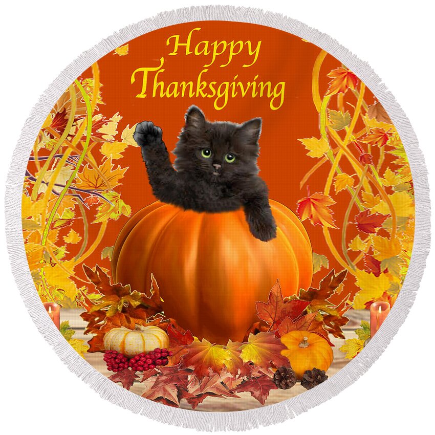 Pumpkin Round Beach Towel featuring the digital art Happy Thanksgiving Kitty by Glenn Holbrook