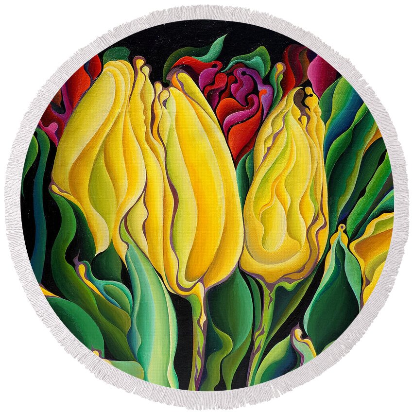 Tulips Round Beach Towel featuring the painting Happy-Time Yellow Three-Lips by Amy Ferrari