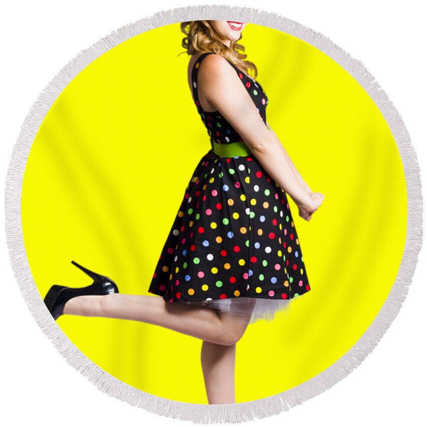 Retro Round Beach Towel featuring the photograph Happy woman in retro dress by Jorgo Photography