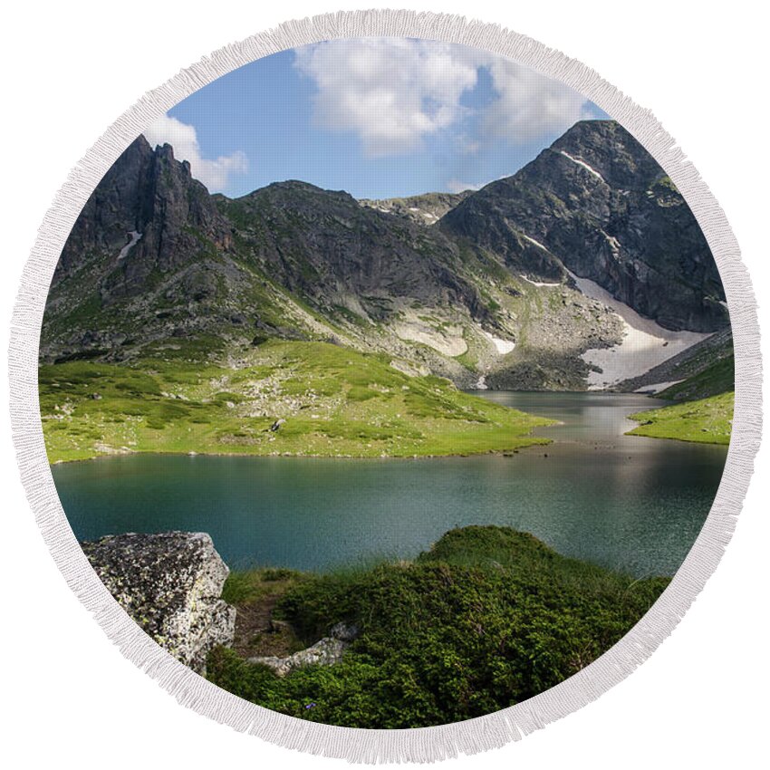 Mountain View Round Beach Towel featuring the photograph Haramiya Mountain-Twin Lake-1 by Steve Somerville