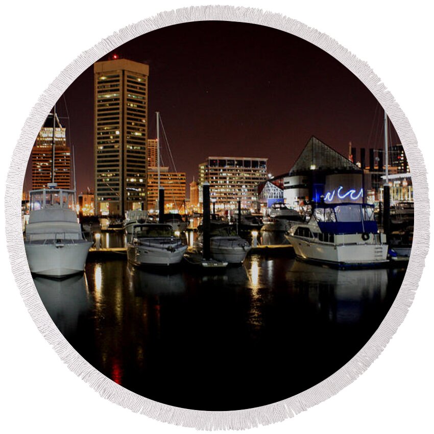 Harbor Round Beach Towel featuring the photograph Harbor Nights - Trade Center in Focus by Ronald Reid