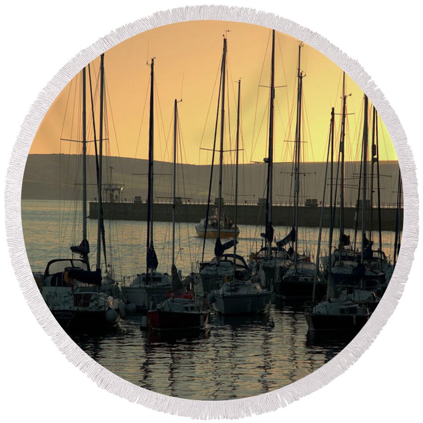 Weymouth Round Beach Towel featuring the photograph Harbor Sunrise by Baggieoldboy