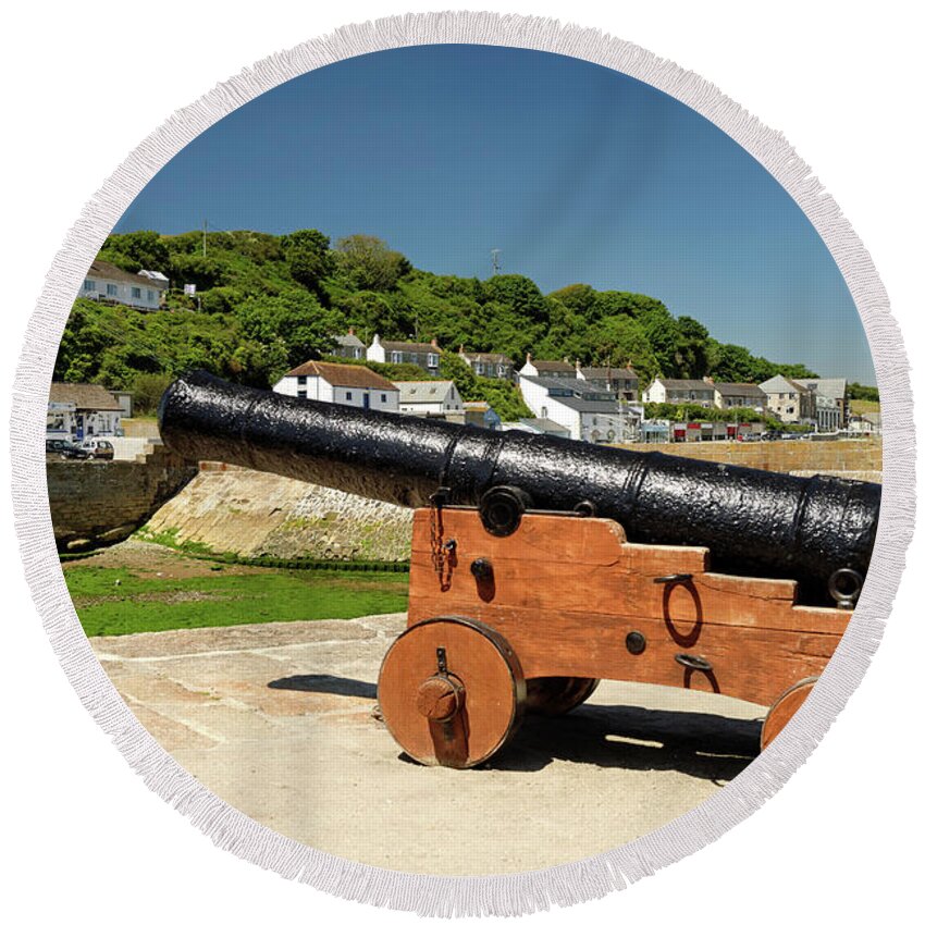 Britain Round Beach Towel featuring the photograph Harbour Gun - Porthleven by Rod Johnson