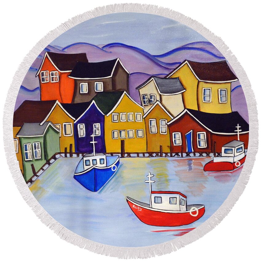 Abstract Round Beach Towel featuring the painting Harbour Village by Heather Lovat-Fraser