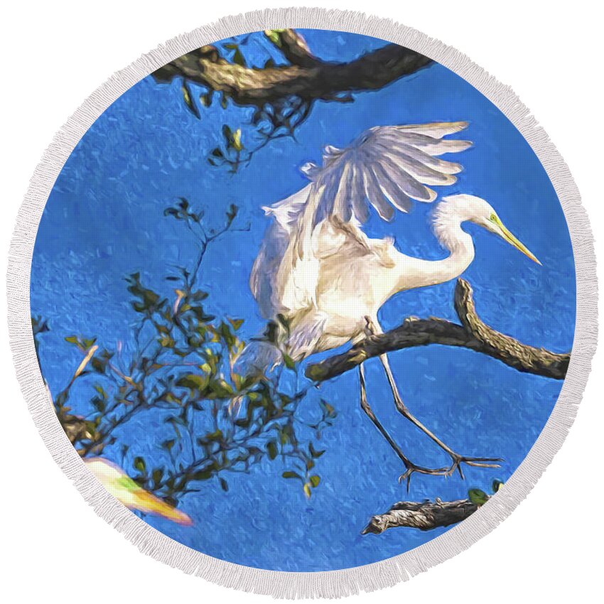 Egrets Round Beach Towel featuring the digital art Hard Landing by DB Hayes