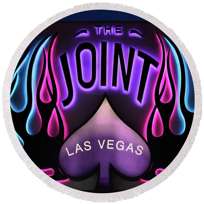 The Joint Round Beach Towel featuring the photograph Hard Rock Casino the Joint Pink Blue and Purple Lights by Aloha Art