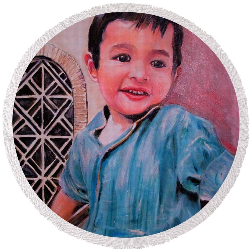 Boy Round Beach Towel featuring the painting Harmain by Khalid Saeed