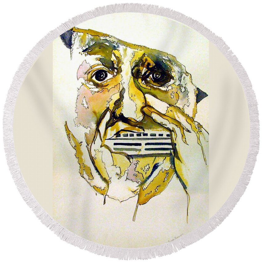 Harmonica Round Beach Towel featuring the painting Harmonica Player by Mindy Newman