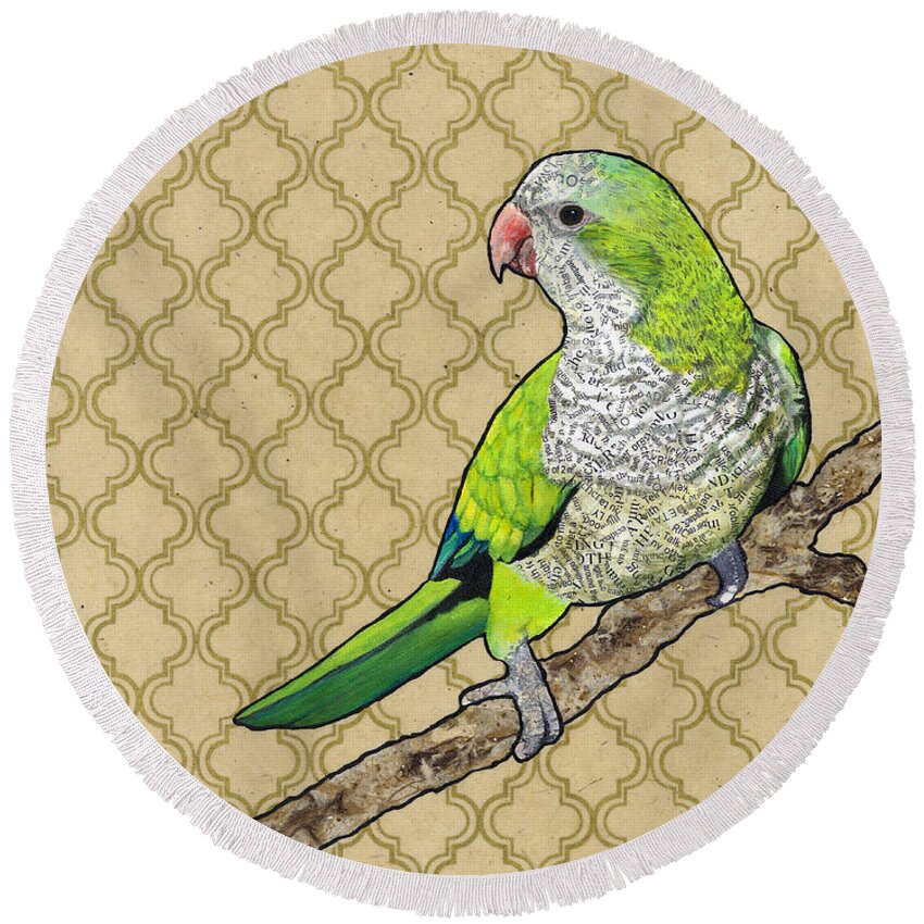 Monk Parakeet Round Beach Towel featuring the painting Harold by Jacqueline Bevan