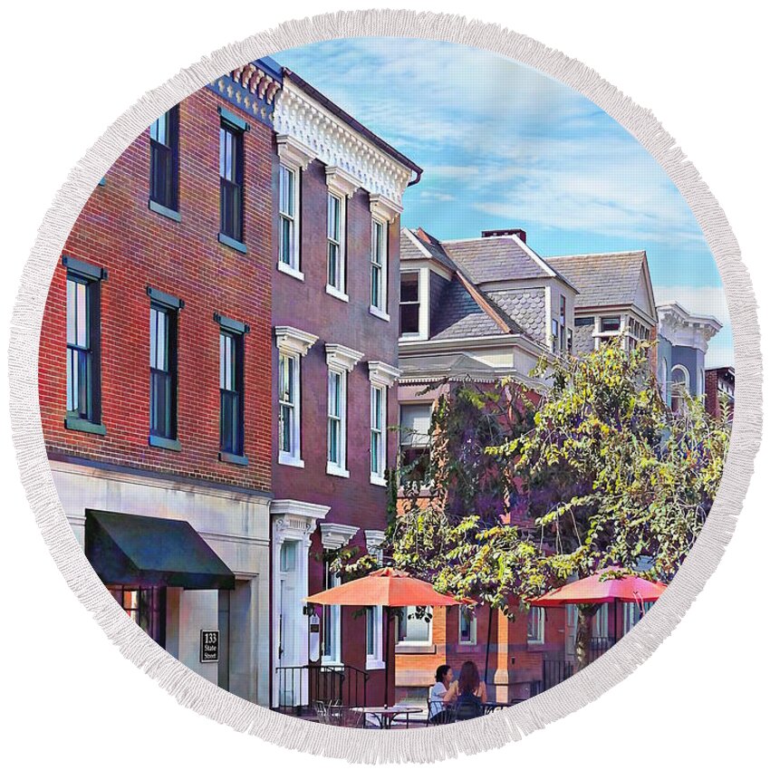 State Street Round Beach Towel featuring the photograph Harrisburg PA - Coffee Shop by Susan Savad