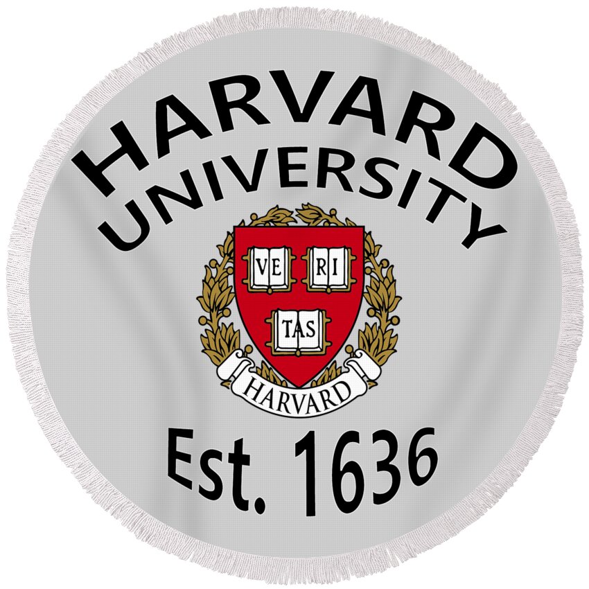 Harvard University Round Beach Towel featuring the digital art Harvard University Est 1636 by Movie Poster Prints