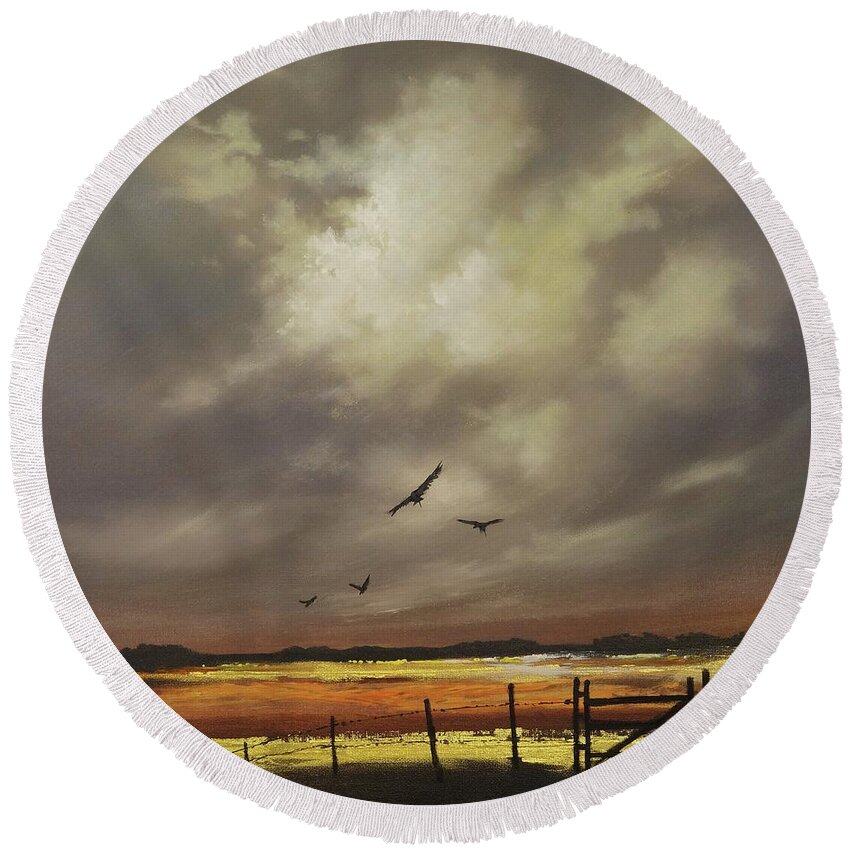 Contemporary Landscape; Orange And Gold; Billowing Clouds; Soaring Birds; Tom Shropshire Painting Round Beach Towel featuring the painting Harvest Gold by Tom Shropshire