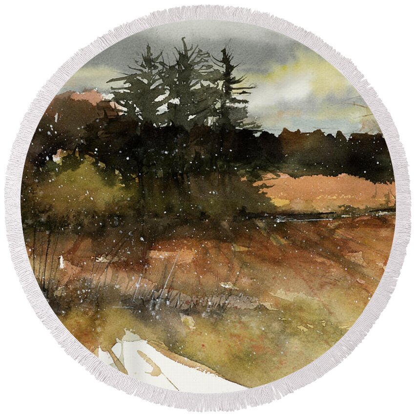 Landscape Round Beach Towel featuring the painting Harvest Snow by Judith Levins