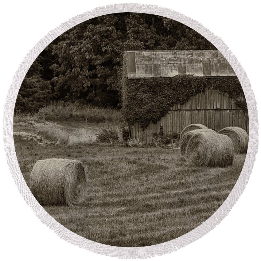 Harvest Round Beach Towel featuring the photograph Harvested Hay Bales and Shed DSC05938 by Greg Kluempers