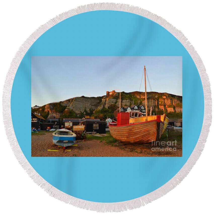 Hastings Round Beach Towel featuring the photograph Hastings Fishing boat at sunset by Lee Sulsh