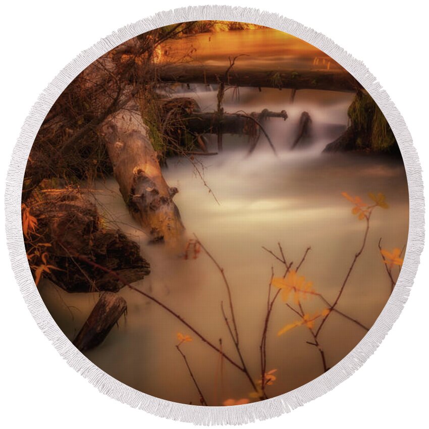 Colorful Round Beach Towel featuring the photograph Hat Creek in Gold by Marnie Patchett