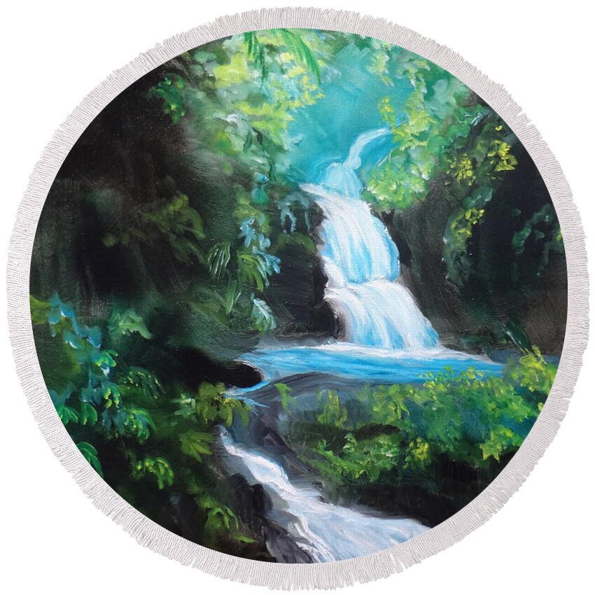 Waterfalls Round Beach Towel featuring the painting Hawaiian Waterfalls by Jenny Lee