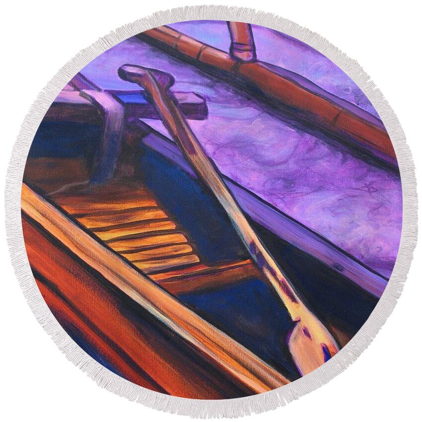 Canoe Round Beach Towel featuring the painting Hawaiian Canoe by Marionette Taboniar