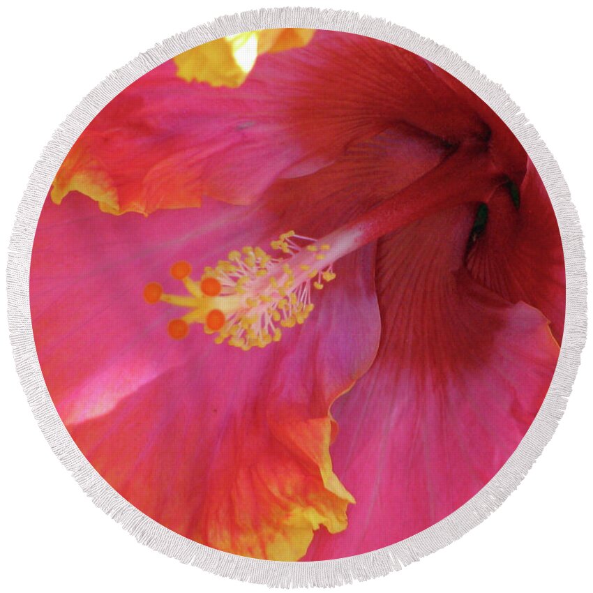 Hibiscus Round Beach Towel featuring the photograph Hawaiian Hibiscus - Orange and Red 06 by Pamela Critchlow