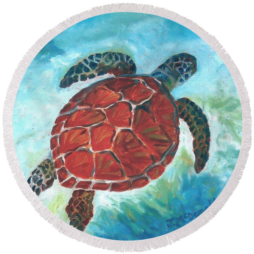 Sea Turtle Round Beach Towel featuring the painting Hawaiian Honu by Janet McDonald