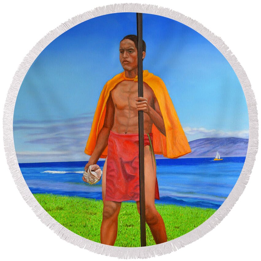 Hawaii Round Beach Towel featuring the painting Hawaiian Prince by Thu Nguyen