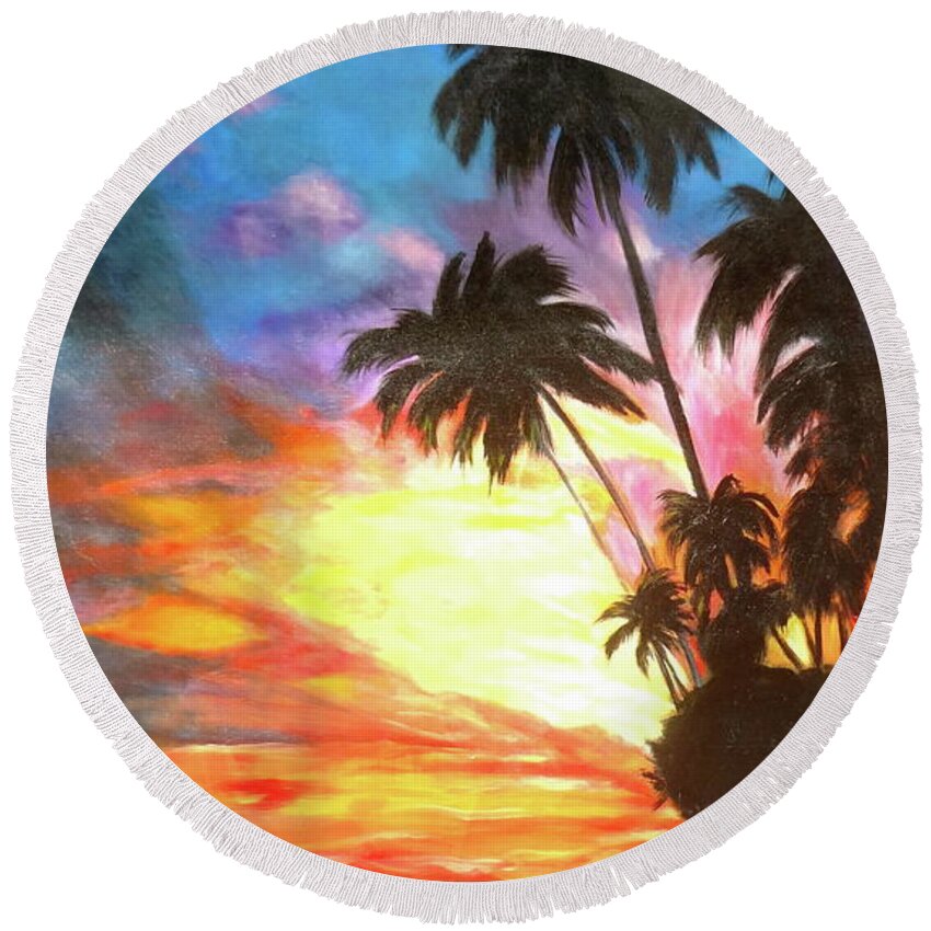 Sunset Round Beach Towel featuring the painting Hawaiian Seascape by Jenny Lee