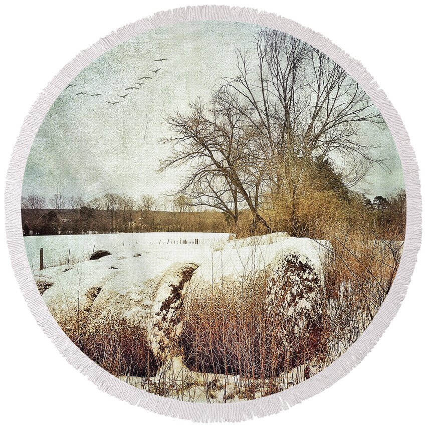 Photography Round Beach Towel featuring the photograph Hay Bales In Snow by Melissa D Johnston