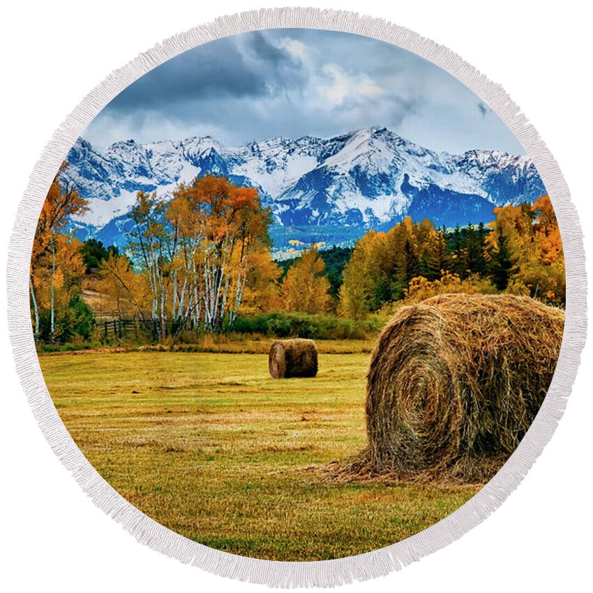 Hay Round Beach Towel featuring the photograph Hay Bales in the Mountain Valley by David Soldano