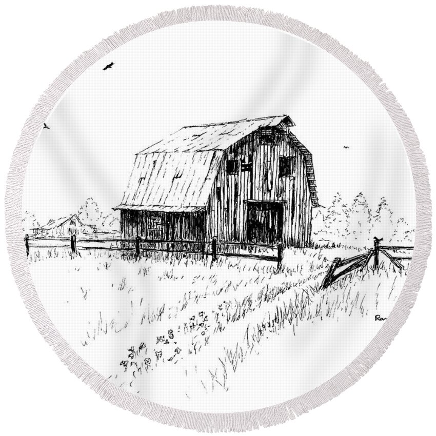 Hay Round Beach Towel featuring the drawing Hay Barn with Broken Gate by Randy Welborn