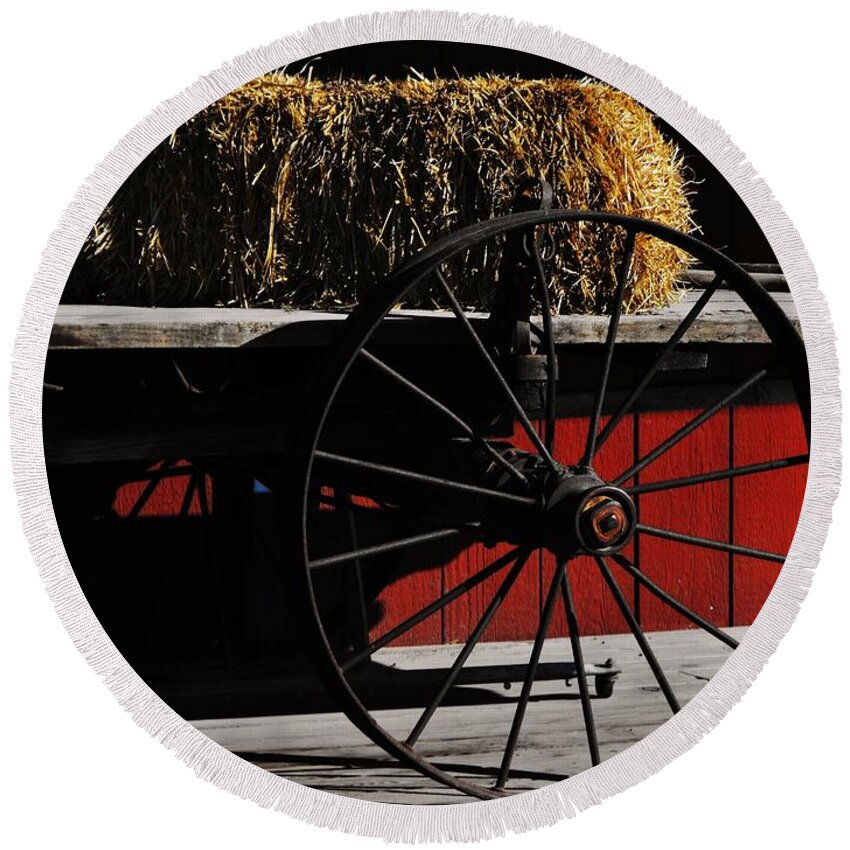 Hay On Wheels Round Beach Towel featuring the photograph Hay on Wheels by Lori Child