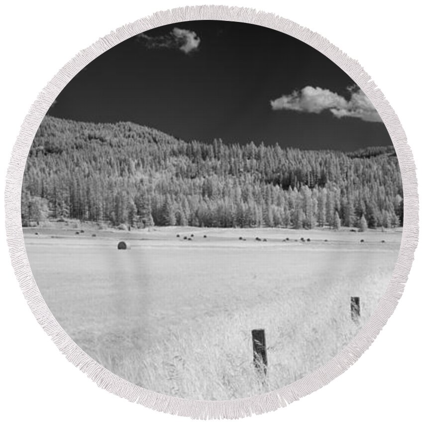 B&w Round Beach Towel featuring the photograph Hayfield by Lee Santa
