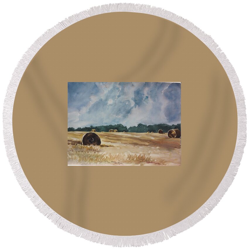 Hay Rolls Round Beach Towel featuring the painting Hayrolls and Clouds  SOLD by Judith Young