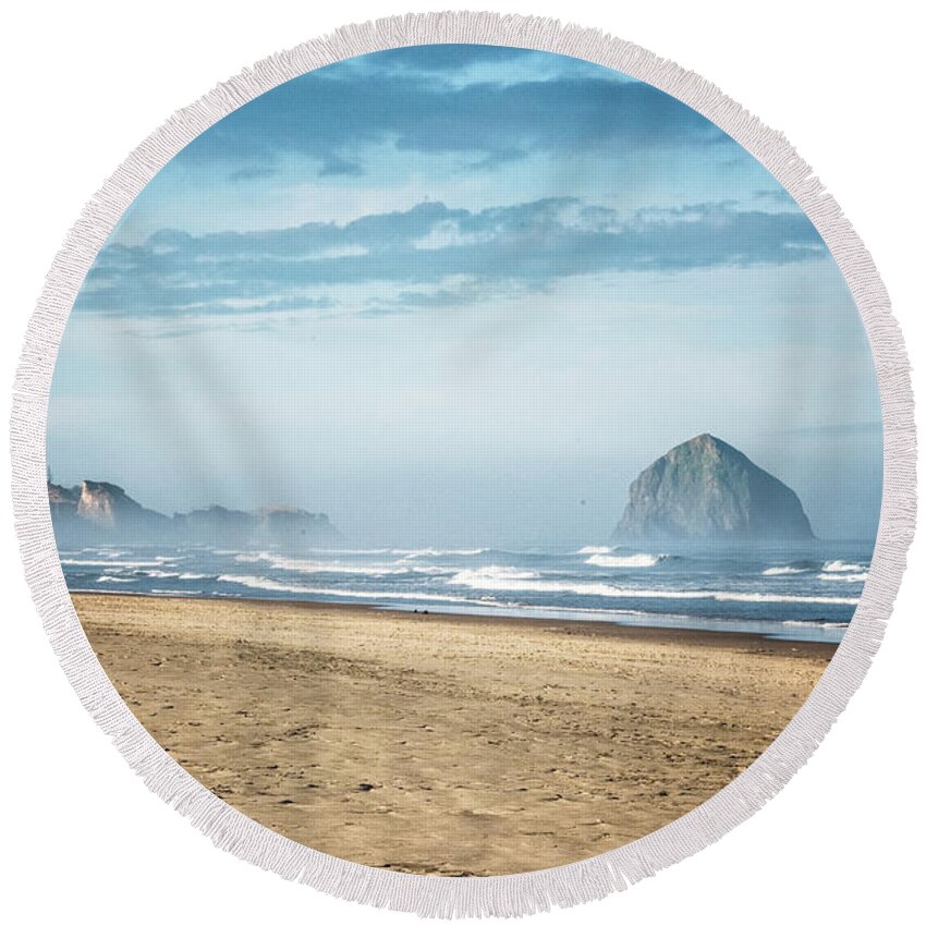 Oregon Coast Round Beach Towel featuring the photograph Haystack Rock Pacific City by Tom Singleton