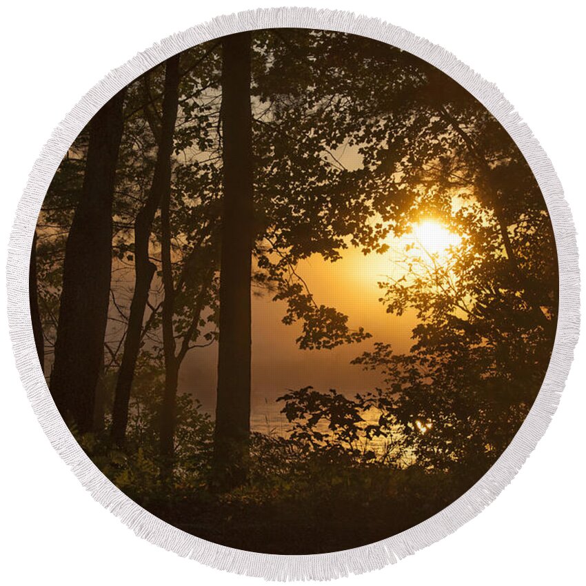 Dawn Round Beach Towel featuring the photograph Hazy Morning Sunrise Through the Trees by Donna Doherty
